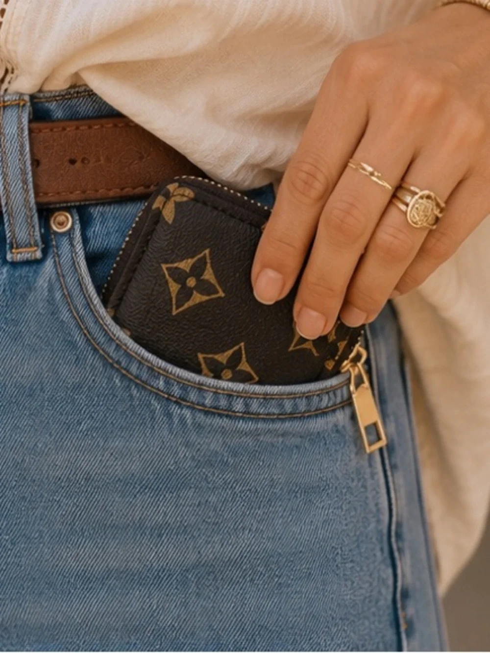 Brown Monogram Zip Wallet | Compact Faux Leather Card Holder|Designer Inspired